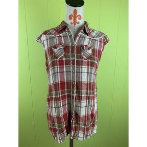 Younique Women's Juniors Button Down Plaid Blouse Short Sleeve Size M Cotton